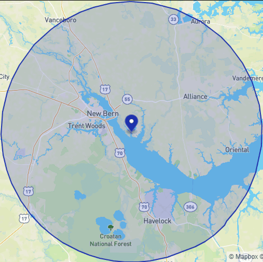 WXNR-LP Captain 97.1 FM coverage map around New Bern